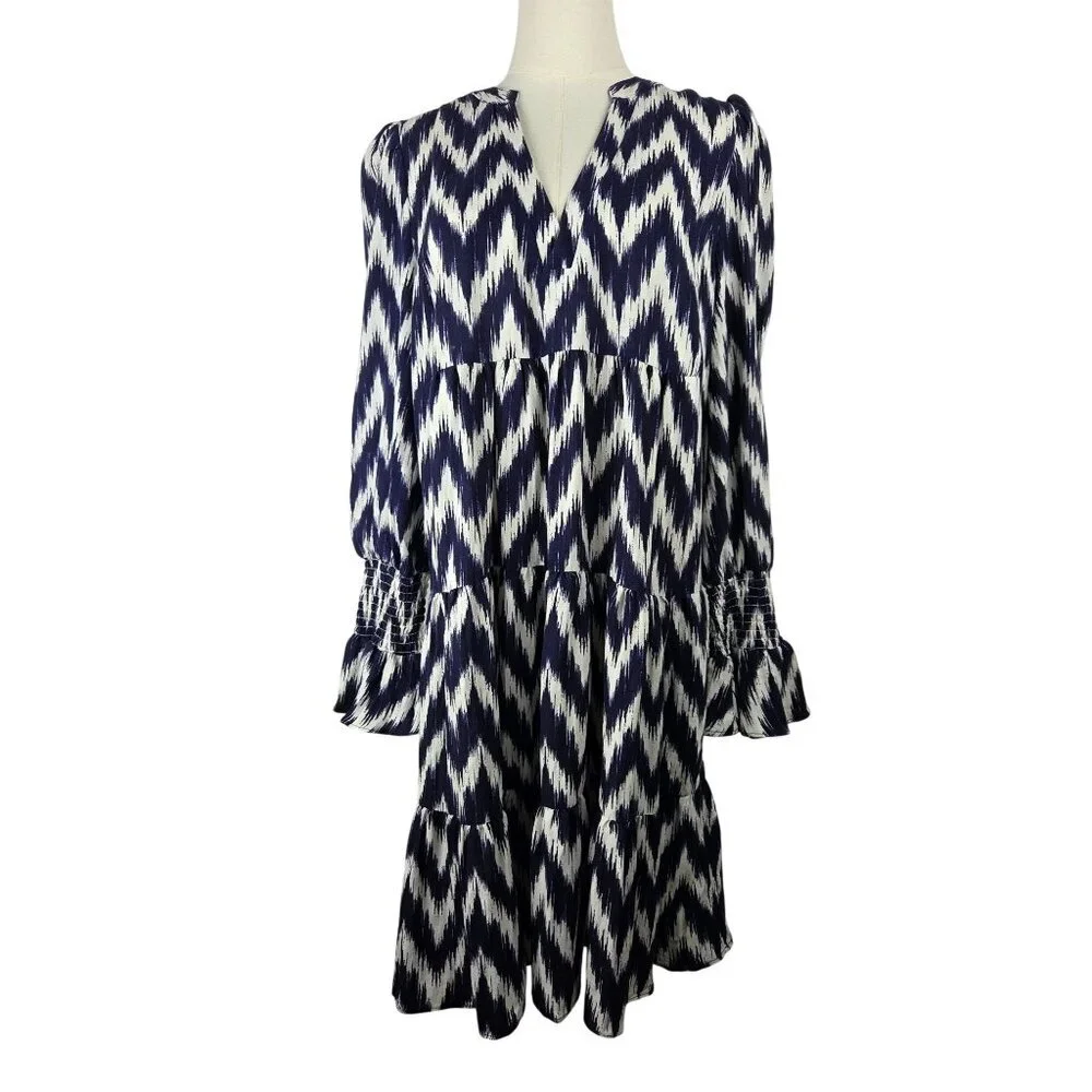 Pomander Place Navy Ikat Kenzo Mini Dress Medium Empire Waist Swing Boho Preppy - Picture 2 of 11